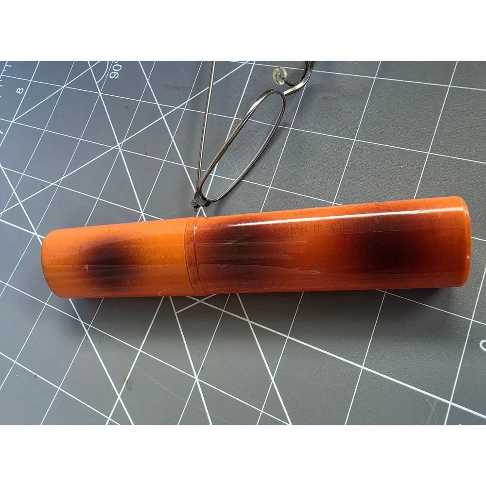 Vintage Slim Metal Frame Reading Glasses with Orange Mottled Hard Clip Case